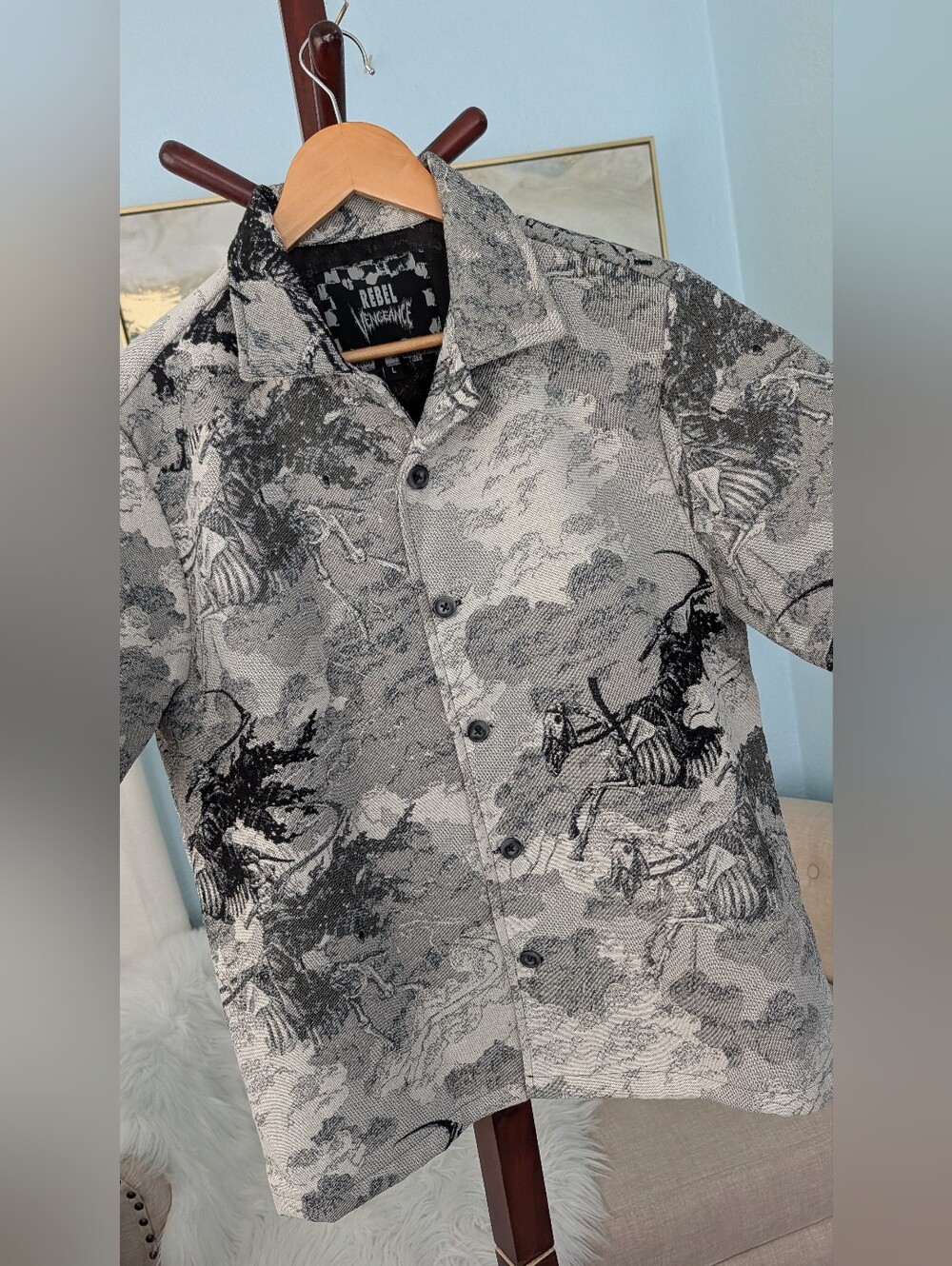 Rebel Vengeance Tapestry Apocalypse Horseman Grey Black Shirt Mans Sz L - Picture 5 of 15